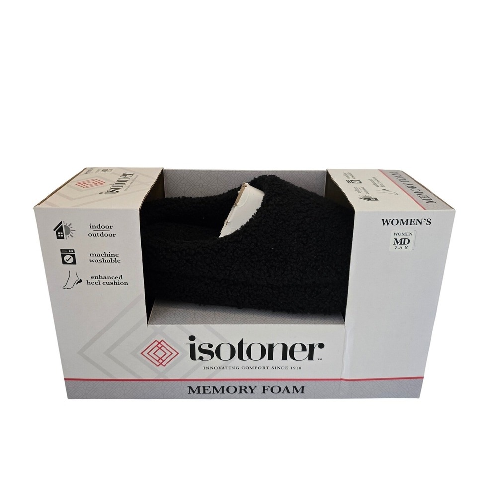 Isotoner Womens Black Sherpa Memory Foam Slippers Indoor Outdoor 7.5/8 M